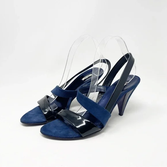 Miu Miu Navy Black Suede Patent Leather Slingback Sandals Heels 39.5 - Picture 3 of 11